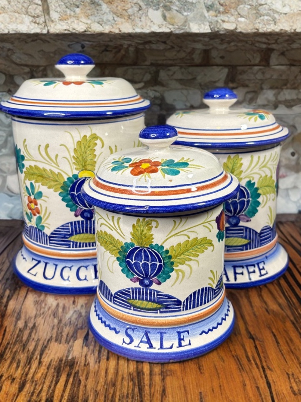 Italian Set of hand-painted ceramic canisters from Artistica Italy.